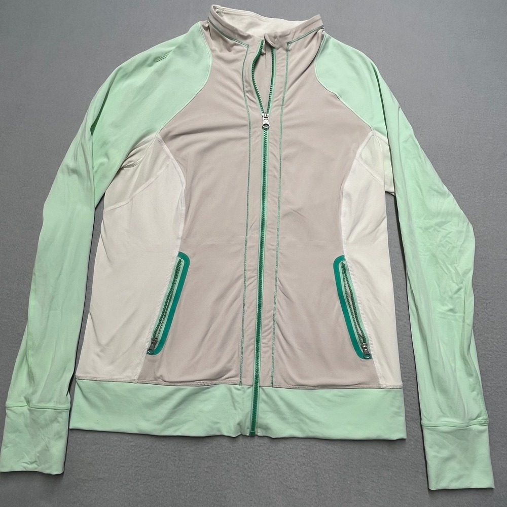 Lululemon Run Pace Setter Jacket Womens 12 Green Gray Full Zip Thumbholes EUC